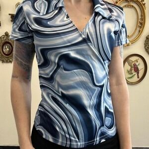 Cheryl Creations Marble Swirl Faux Wrap Top XS Blue White Vintage Y2K Slinky